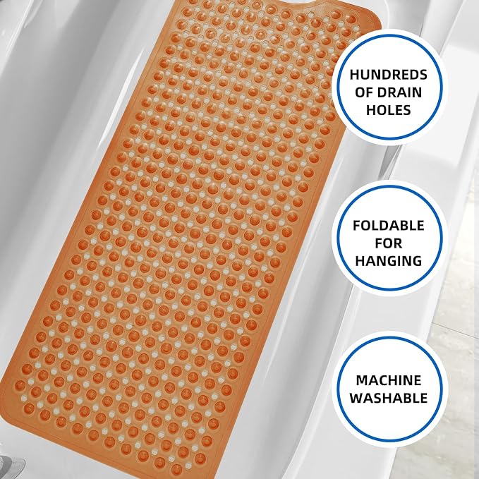 ZHICHENG Bath Tub and Shower Mats, Non-Slip 39 x 16 Inch Extra Long Bath Mat, Machine Washable Bathtub Mat with Drain Holes, Suction Cups for Bathroom (Colour Brown)