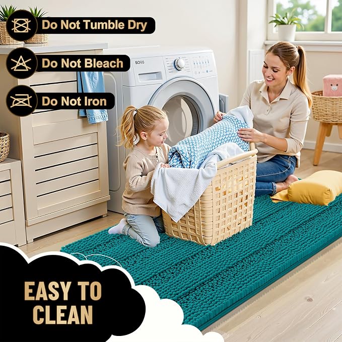 OLANLY Thick Small Bathroom Rugs 24x16, Extra Absorbent Chenille Striped Bath Rugs, Rubber Backing, Machine Wash, Bath Mats for Bathroom Floor, Tub and Shower, Home Decor Accessories, Deep Lake