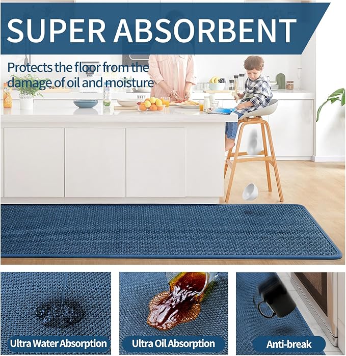 YDKGL Kitchen Mats for Floor, Super Absorbent Kitchen Rugs Non Slip Washable, Soft Imitation Linen Braided Kitchen Runner Rug, Standing Mat Kitchens Sink Mat, Easy to Clean, Blue 17x95