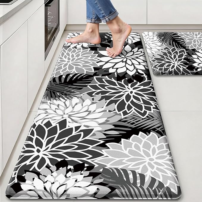 Arenarug Kitchen Mats for Floor 2PCS Cushioned Anti Fatigue Kitchen Mats Waterproof Non Slip Kitchen Mat Rug Set Comfort Foam Standing Mat for Sink, Laundry, Office, 24"x39"+24"x59", Black White
