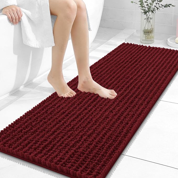 OLANLY Long Bathroom Rugs Runner 47x17, Thick Soft and Absorbent Chenille Bath Mat, Non-Slip, Machine Washable Quick Dry Bath Rugs for Tub Shower Floor, Home Decor Accessories, Burgundy