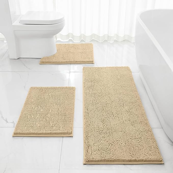 HOMEIDEAS 3 Pieces Bathroom Rugs, Extra Large Ultra Soft Non Slip Absorbent Chenille Toilet Bath Mat Set (Beige)