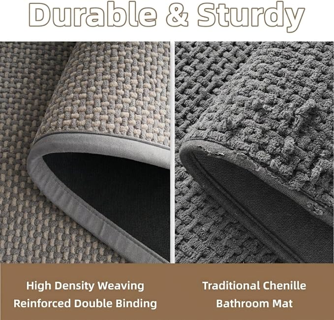 PADOOR-Bath Mat-Super Absorbent Chenille Bathroom Mats-Rubber Backed Bath Mats for Bathroom Non Slip, Easy Clean Bathroom Rugs Front of Bathtub,Shower Room,Sink-24×36, Grey&Beige