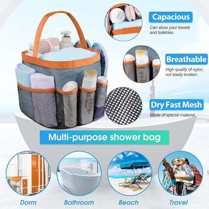 Attmu Mesh Shower Caddy Portable for College Dorm Room Camping Essentials, Shower Caddy Dorm with 9-Pockets, Large Capacity Hanging Basket Bathroom Bag for Toiletry, Swimming, Gym, Camp, Beach