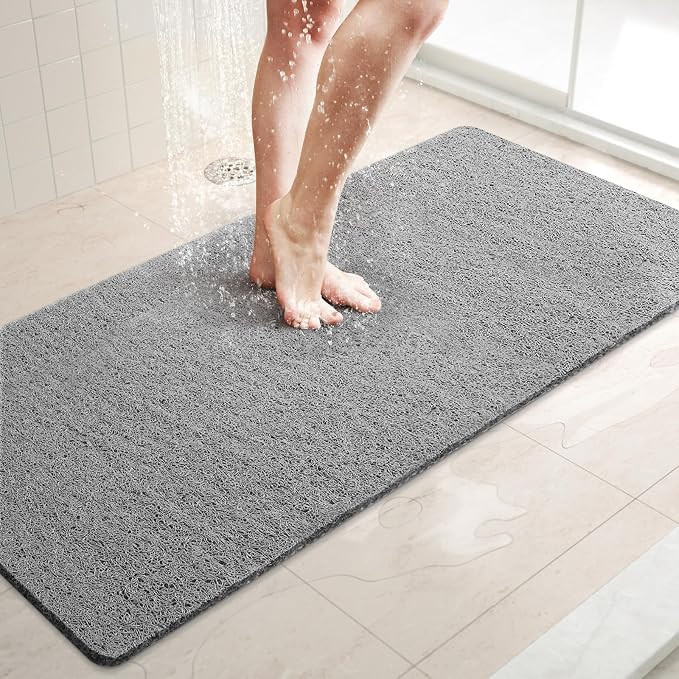 LuxStep Shower Mat Bathtub Mat,40x16 inch, Non-Slip Bath Mat with Drain, Quick Drying PVC Loofah Bathmat for Tub,Shower,Bathroom,Grey