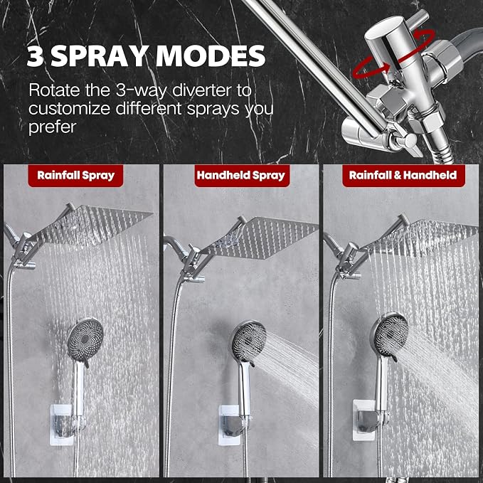 Shower Head,12”Rain Shower Head with Handheld Spray Combo and Adjustable Extension Arm/Shower System,High Pressure Rain Fall Hose,Chrome