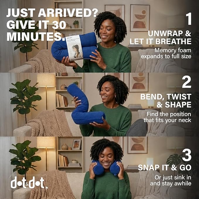 Dot&Dot Twist Memory Foam Travel Pillow for Airplanes - Travel Neck Pillow for Sleeping - Airplane Pillow for Neck Support - Adjustable, Bendable Neck Roll Pillow (Sapphire, One Size)