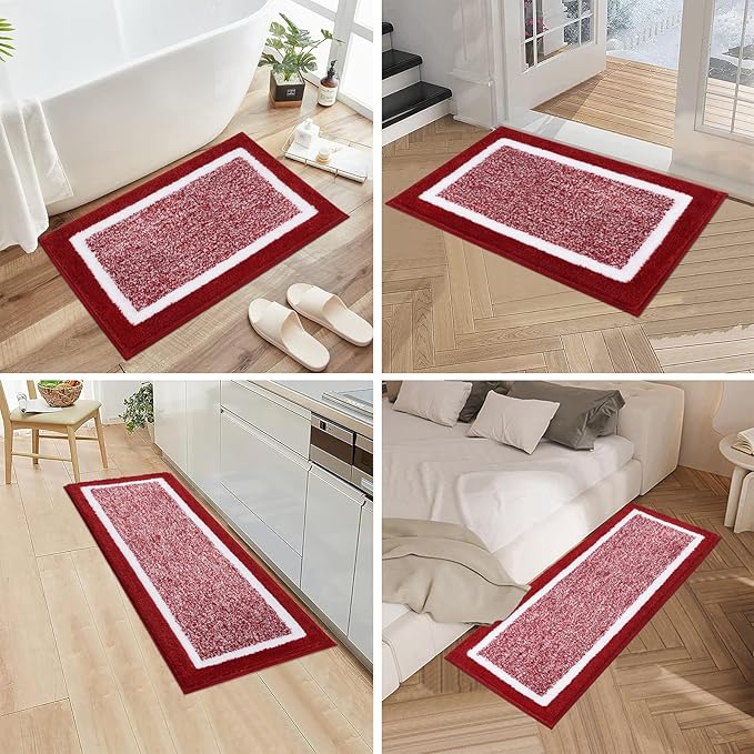 Pauwer 3 Piece Bath Mat Set Bathroom Rugs, Non Slip Plush Bathroom Mats, Absorbent Shaggy Bath Rug Set with U-Shaped Contour Toilet Mat for Bathroom Bedroom Living Room, Red