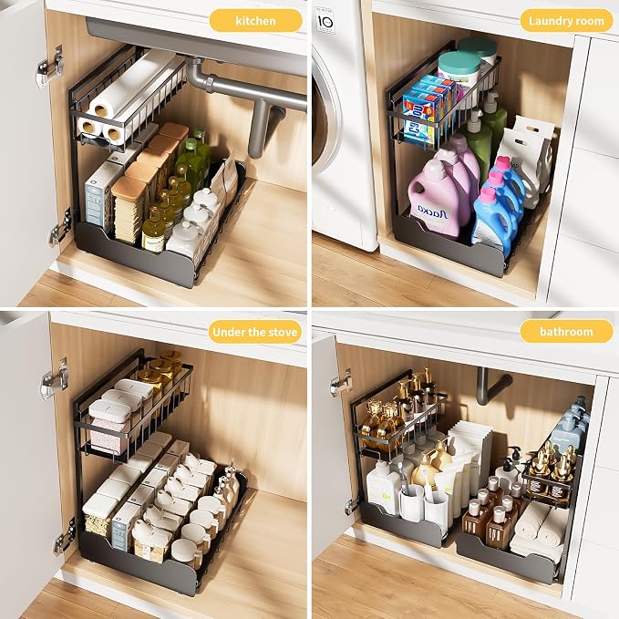 PureBox Under Sink Organizer, 2-Tier L-Shaped Pull Out Cabinet Shelf with 2 Installation Methods, Adjustable Sliding Storage Drawer for Kitchen, Bathroom, Laundry, Metal, Black, 2-Pack