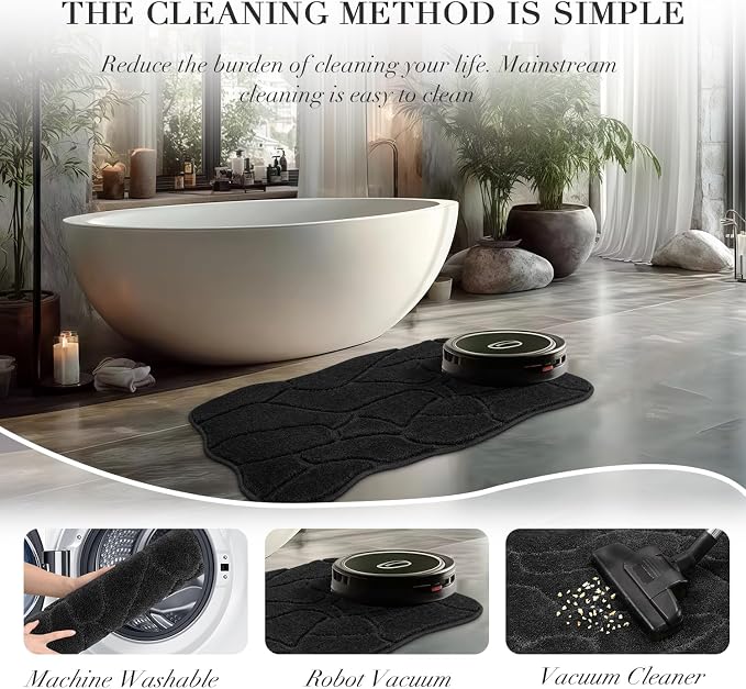 Large Bathroom Rugs Runner, 22x47 Extra Soft Absorbent Shaggy Long Bath Mats, Non-Slip Machine Washable Modern Bath Carpet Runner for Bathroom Laundry Room Kitchen (Black)