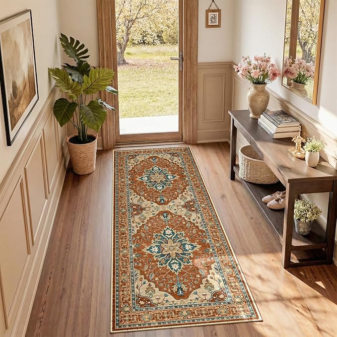 RELEANY Area Rugs Runner 2'x6' Washable Non-Slip, Floral Vintage Distress Medallion Carpet for Kitchen Hallway Bedroom Beside Laundry Room Bathroom, Red Orange Blue Brown