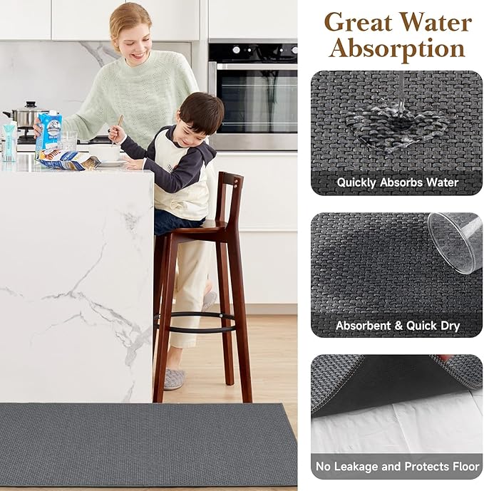 Kitchen Rugs and Mats, Non Slip Washable Set of 2 PCS, Absorbent Kitchen Mats for Floor, Kitchen Runner Rug, Rubber Backing, for Kitchen Decor, Front of Sink (Grey, 20’’*32’’+20’’*60’’)