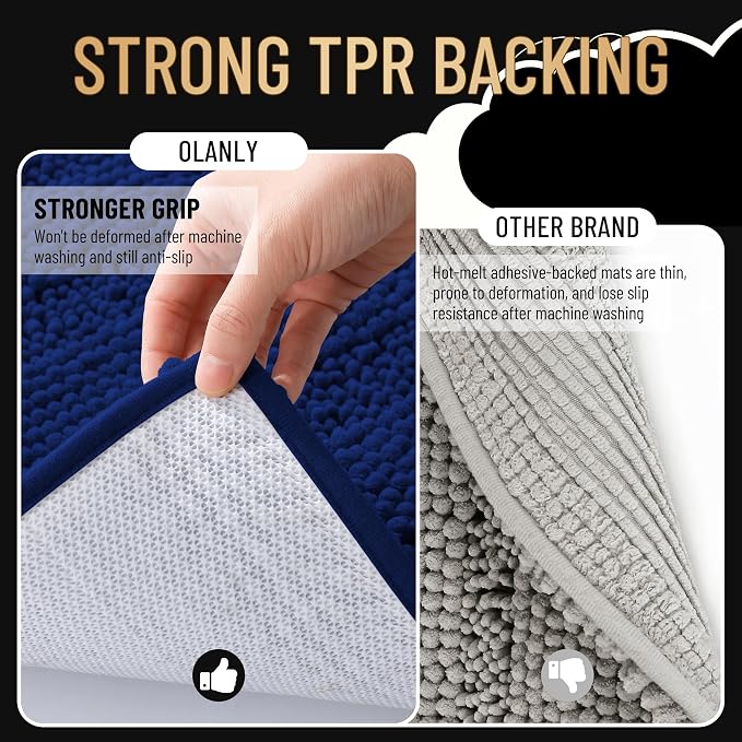 OLANLY Thick Large Bathroom Rugs 44x32, Extra Soft Absorbent Chenille Striped Bath Rugs, Rubber Backing, Machine Wash Dry, Bath Mats for Bathroom Floor, Tub and Shower, Home Decor Accessories, Navy