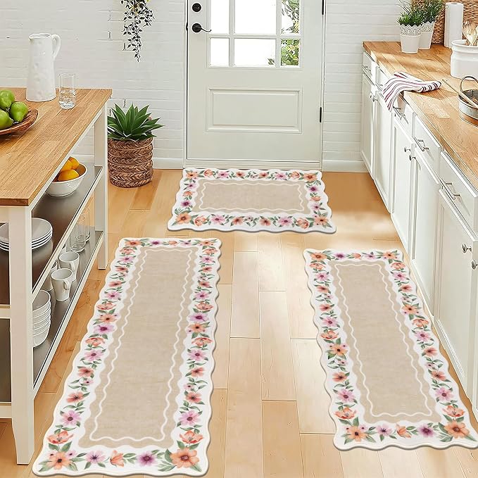 Vaukki Boho Kitchen Rug Sets 3 Pieces, Washable Kitchen Mats for Floor, Non Slip Soft Kitchen Area Rug Floor Mat for Kitchen, Laundry Room and Hallway (Flower-Beige, 20''x32''+20''x47''+20''x59'')