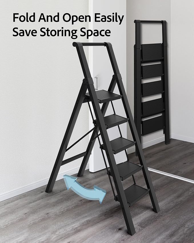 5 Step Ladder, Lightweight Folding Step Stool withConvenient Handgrip,Aluminum 330lbs Capacity Step Ladderfor Office,Household,Kitchen(Black)