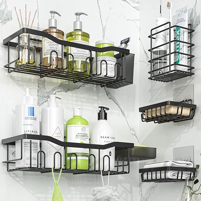 Simple Trending Adhesive Shower Caddy, 5-Pack Large Capacity Shower Shelves with Soap Dish Toothbrush Holder & Hooks, No Drilling Bathroom Organizer and Storage for Home Decor, Black