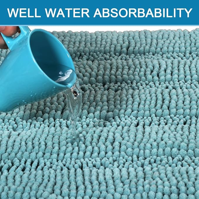 H.VERSAILTEX Bathroom Rugs Bath Rugs for Bathroom Non Slip Bath Mats Extra Thick Chenille Striped Rug 17" x 24" Absorbent Soft Shaggy Washable Dry Fast Bath Mats for Bath Room Floor - Aqua Haze