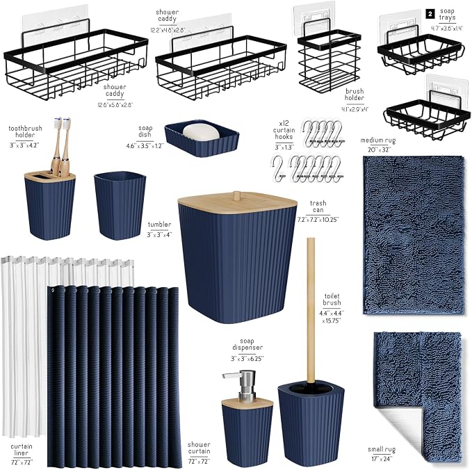 Clara Clark Bathroom Accessories Set - 27PC Bathroom Set with Adhesive Corner Shower Caddy Hanging, Bathroom Sets with Shower Curtain and Rugs, Navy Blue Shower Curtain Set with Bathroom Trash Can