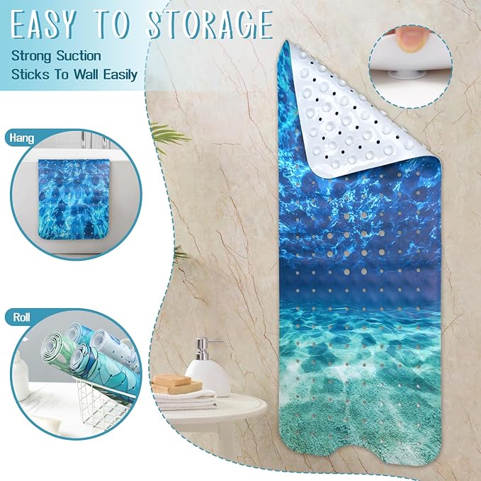 Seawater Bathtub Mat Non Slip, Ocean Waves Bath Tub Mat Baby Bath Mats for Bathroom Anti Slip Shower Mats for Inside Shower, Underwater Bathmat with Suction and Drain Holes Machine Washable, 40″x16″