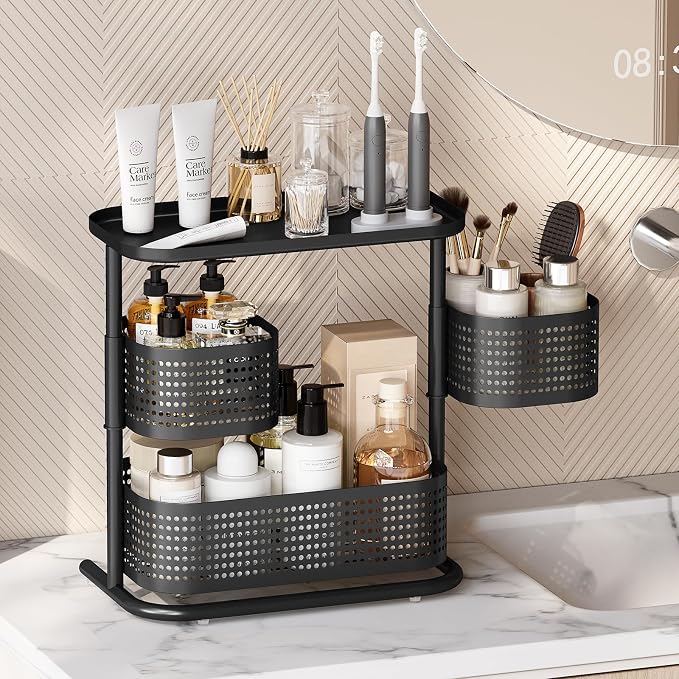 3 Tier Bathroom Counter Organizer, Rotating Countertop Vanity Storage Cabinet with Standing Shelf, Cosmetic Holder for Skincare & Makeup, Kitchen Spice Rack, Bedroom Nightstand Organizer, Black