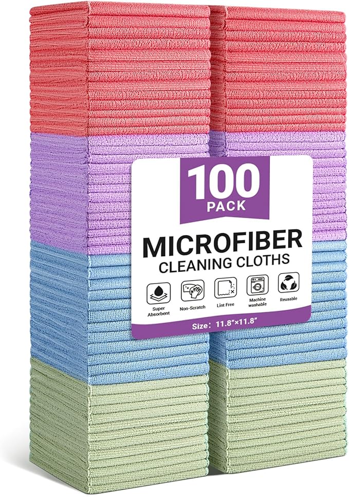 SIFANGKE Microfiber Cleaning Cloth, 100 Pack Assorted Color Cleaning Rags for Housekeeping, Colorful Reusable Microfiber Towels for Car, Kitchen, Bathroom and Household Cleaning Supplies, 11.8"X11.8"