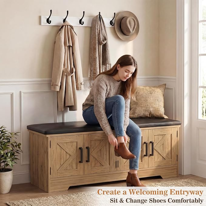 Farmhouse Shoe Storage Bench with Cushion - 43.3" Entryway Bench with Storage & 4 Barn Doors, 2-Tier Wooden Shoe Rack Bench, Shoe Cabinet & Mudroom Bench for Bedroom Hallway Living Room, Brown Oak