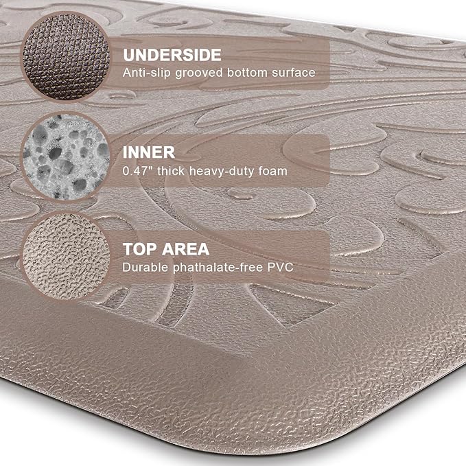 KMAT Kitchen Mat Cushioned Anti-Fatigue Waterproof Non-Slip Standing Mat Ergonomic Comfort Rug for Home,Office,Sink,Laundry,Desk 17.3" (W) x 60"(L),Khaki