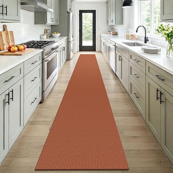KOZYFLY Orange 2x16 Runners Rugs for Hallway, Extra Long Washable Runner Rug, Woven Non Slip Kitchen Runner, Cotton Entryway Rug, Floor Carpet for Entry, Aisle, Hall, Burnt Orange/Tan