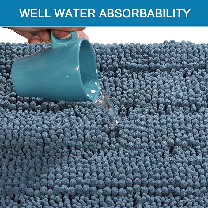 H.VERSAILTEX Bath Rugs for Bathroom Washable Non Slip Extra Thick Chenille Striped Bath Mat Rug Runners 47" x 17" Absorbent Fluffy Soft Shaggy Mats Plush Area Carpet for Bath Room, Tub - Stone Blue