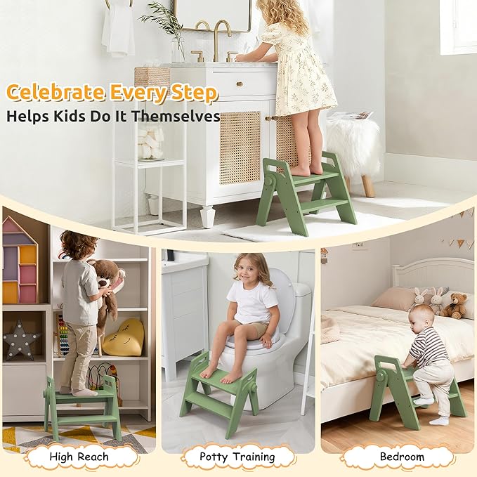 Wooden 2 Step Stool for Toddler Kids Bathroom Foldable 2-Step for Toilet Potty Training, Child Stepping Stool for Kitchen Nursery Bedroom Green