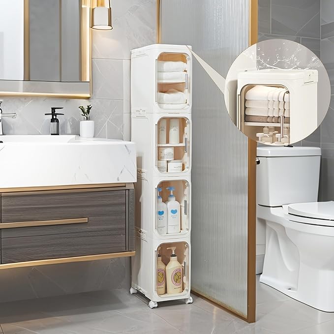 LXLXXL 4-Tier Narrow Storage Cabinet Slim Bathroom Storage Cabinet with Movable Wheels Tall Bathroom Organizer Skinny Cabinet for Small Spaces，Beige
