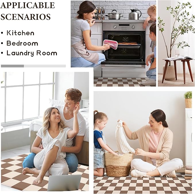 Beige Khaki Checkered Grid Checkerboard Kitchen Rug Sets [2 PCs], Anti-Fatigue, Waterproof Non-Slip Kitchen Mats Heavy Duty Ergonomic Comfort Foam Rug for Floor, Home,17"x29"+17"x47"