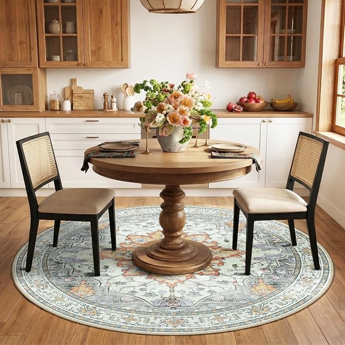 RELEANY Area Rugs Round 6ft Washable Non-Slip, Floral Vintage Distress Medallion Carpet for Living Room Bedroom Dining Room, Beige Carbon Grey Orange