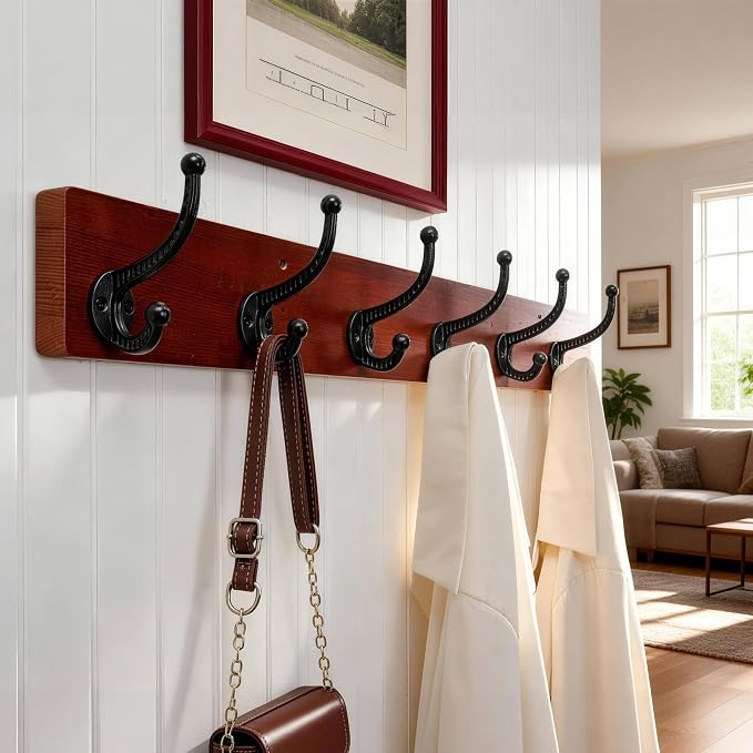 WEBI Rustic Coat Rack Wall Mount,24" Long 6 Cast Iron Coat Hooks Wall Mounted,Heavy Duty Wood Wall Coat Hanger Hooks for Hanging Coats,Jacket,Clothes,Backpack,Farmhouse,Cherry