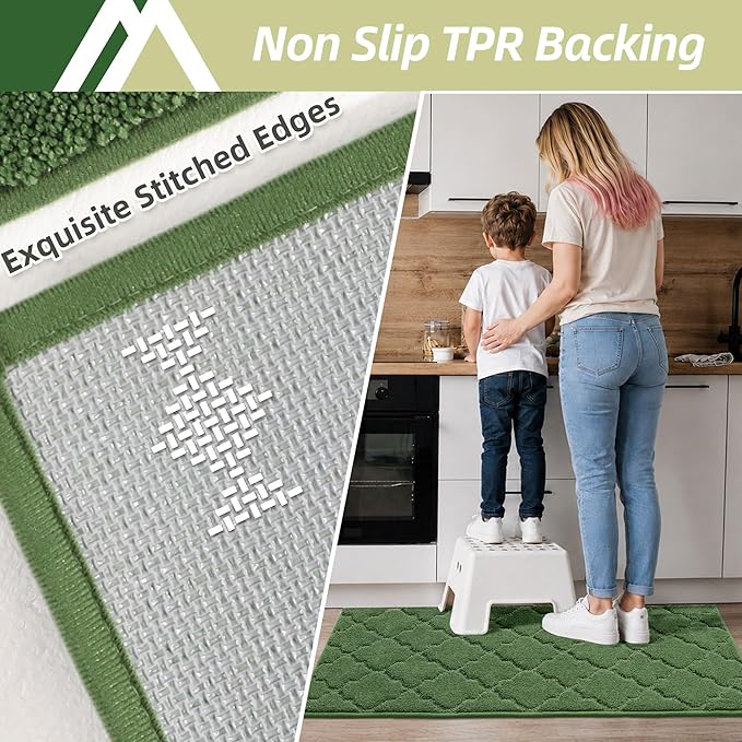 COSY HOMEER-Kitchen-Rugs-Non-Slip-Washable 24"x60" Absorbent Kitchen Runner Rug Polyester Kitchen Mats for Floor Soft Standing Floor Mats for Sink Mat,Hallway,Laundry,Green