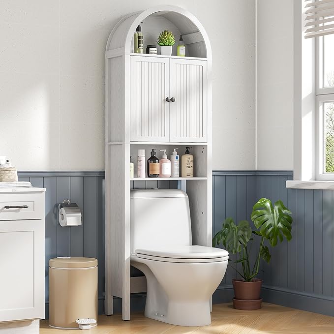 White Over The Toilet Storage Cabinet with Fluted Doors, 4 Tier Small Bathroom Shelf Organizer, Arched Bathroom Cabinet with Adjustable Shelf, Narrow Slim Toilet Rack, Anti-Tipping Device, Wood