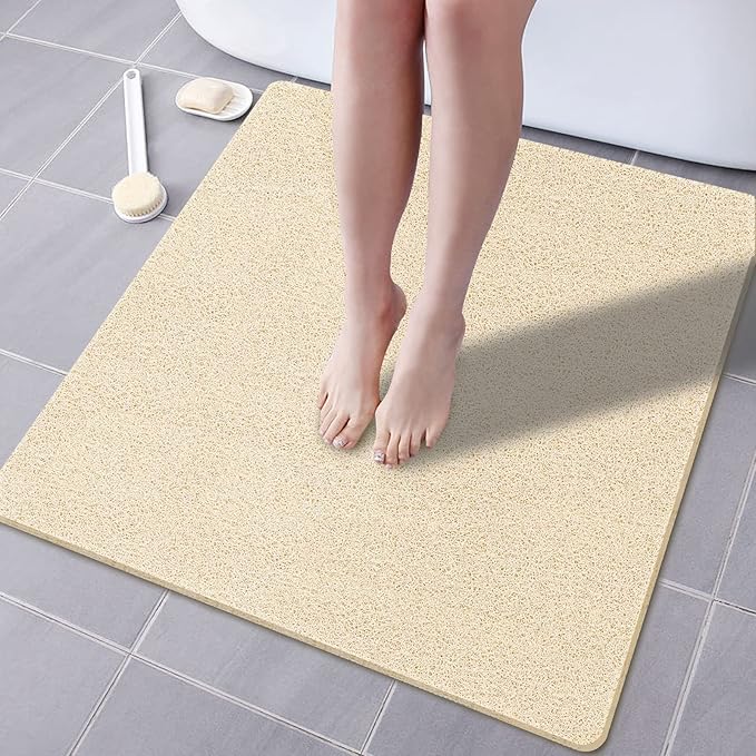 Shower Mat Non Slip Without Suction Cup, 24 x 24 Inch PVC Loofah Shower, Bath, Tub Mat with Drain for Textured Surface, Quick Drying Beige