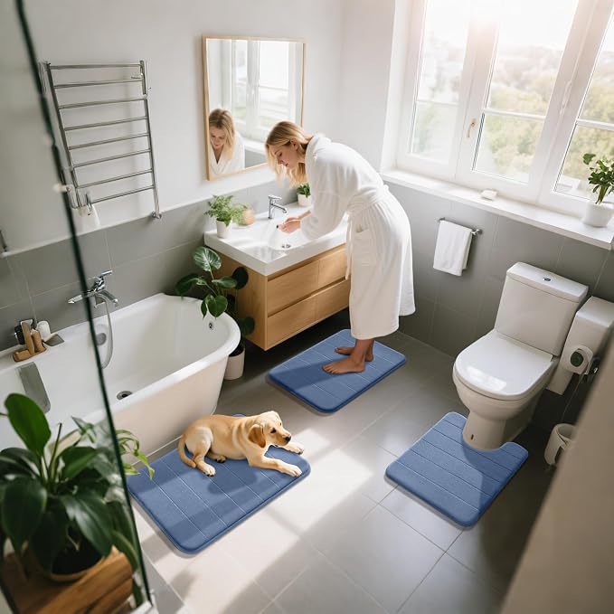 Yimobra Memory Foam Bath Mat Set 3 Pieces- Super Soft Absorbent Quick Dry Bathroom Rug Sets, Machine Washable Non Slip Floor Carpet for Tub Shower, Vanity & Toilet Base, Denim Blue