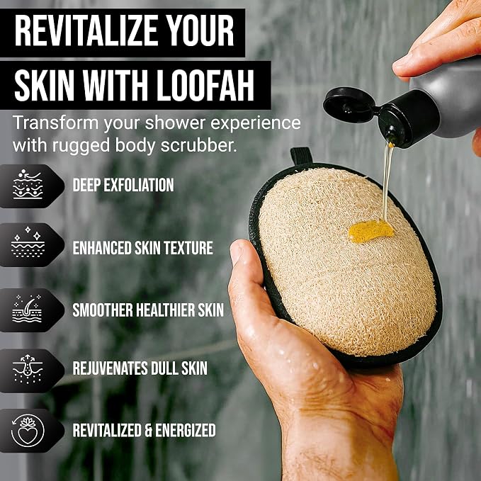 SERRENTO Loofah Body Scrubber Back Scrubber - Egyptian Luffa Shower Sponge for Men, Bath Sponge Exfoliator, Body Wash Scrub Tool, Loofa Louffa Bath Accessories, 2PCS Black & White Set