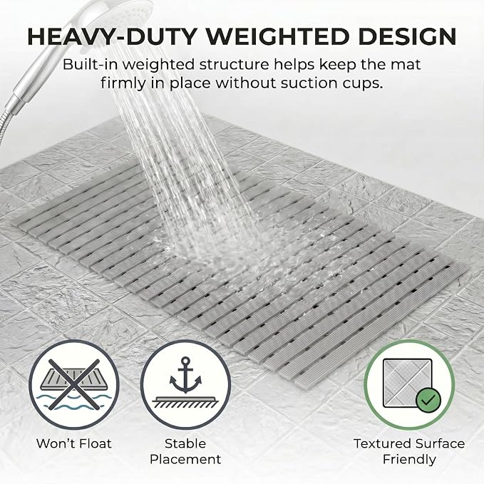 AceOrbit Weighted Non Slip Bath Mat for Textured tub, Heavy Duty Anti Slip Bath Mat for Bathtub and Shower Surfaces, Without Suction Cups for Textured, Reglazed, Refinished Tub(Gray,32 x 17 Inch)