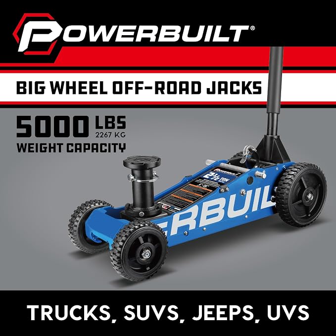 Powerbuilt 2.5 Ton Big Wheel Off Road Jack, Vehicle Lift for Trucks, SUVs, ATVs Offroad Vehicles, Oversized Wheels for Rugged Terrain, 5000 LB Capacity, Blue 620620ECE