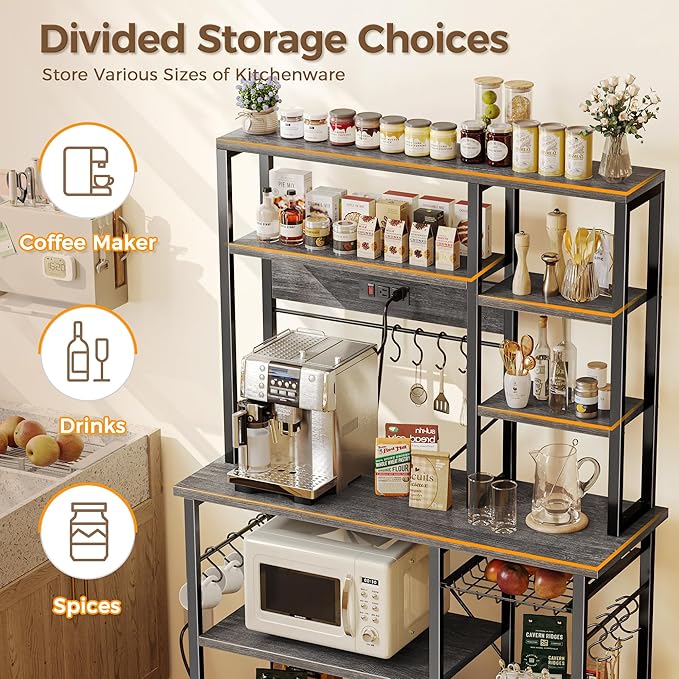 SUPERJARE Large Bakers Rack with Power Outlets, 6-Tier Microwave Stand, Coffee Bar with 12 S-Shaped Hooks, Kitchen Shelf with Wire Basket, 39.4 x 14.6 x 66.9 Inches, Charcoal Gray