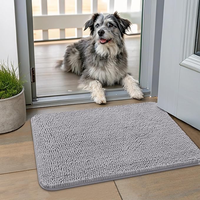 Smiry Dog Door Mat for Muddy Paws 24x16, Absorbent Dirt Trapper, Non-Slip Washable Chenille Entryway Rug for Inside Floor, Light Grey, Classic Solid