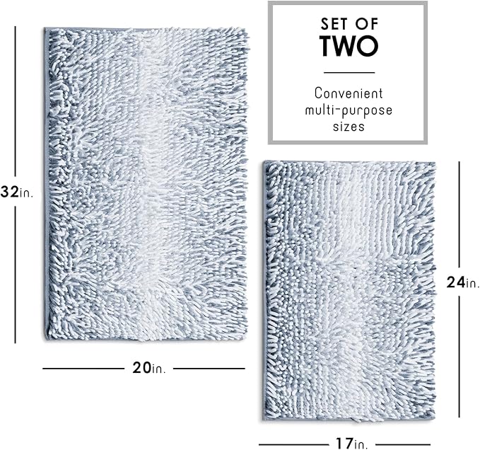 Hearth & Harbor Bathroom Rugs, Chenille Bath Mat - Machine Washable Bath Mats for Bathroom Non-Slip Backing Rubber, Quick Dry Bathroom Mat, 17 x 24 + 20 x 32 - Ombre Blue