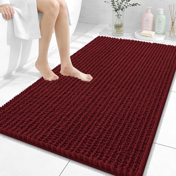 OLANLY Bathroom Rug Mat 44x32, Thick Soft and Absorbent Chenille Bath Mat, Non-Slip Rubber Backing, Machine Washable Quick Dry Bath Rugs for Tub Shower Floor, Home Decor Accessories, Burgundy