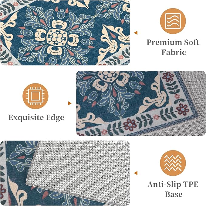 Kitchen Rugs Set of 3, Non-Slip & Washable Floor Mats, Water-Absorbent Area Pad, Standing Desk Mat for Office, Home, Doorway, Laundry, Kitchen Accessories (Retro Blue)