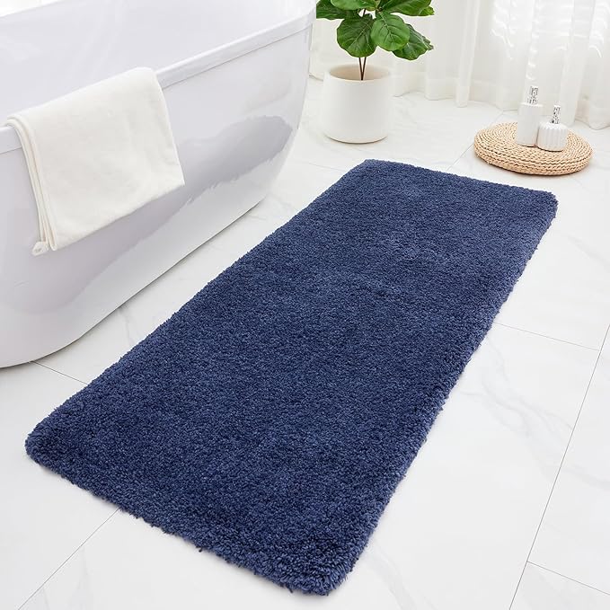 ILANGO Navy Blue Bathroom Rugs 70" × 24" Non Slip & Super Absorbent Thick Soft, Washable Bath Carpet Runner for Floor, Microfiber Plush Shaggy Bath Mats with Rubber for Bedroom Bathtub Shower Room
