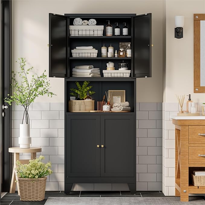 Bevivog Tall Pantry Cabinet with Microwave Shelf, 69" Metal Storage Cabinet with 4 Doors and Adjustable Shelves,Freestanding Metal Kitchen Hutch Cabinet, Black Pantry Closet Storage Shelves with Doors