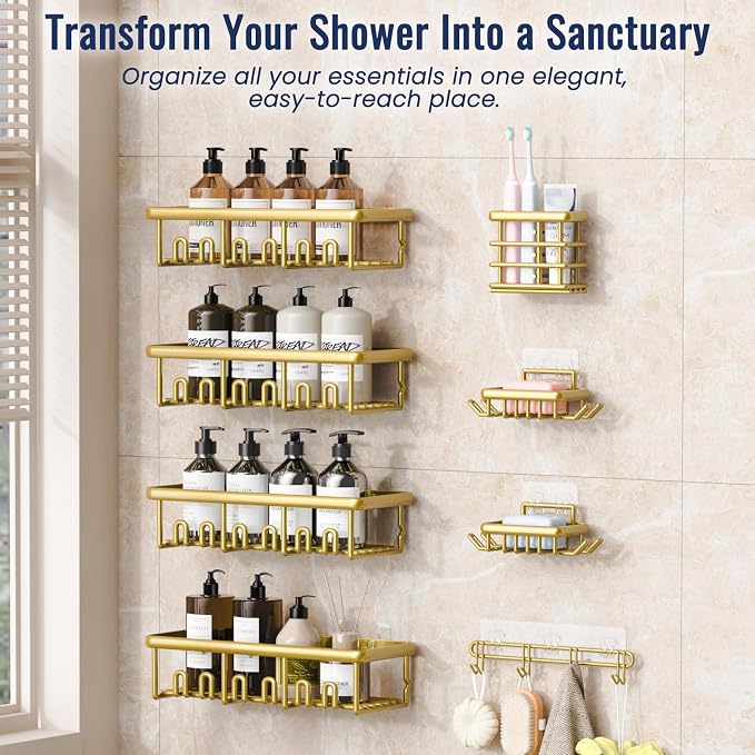 8 Pack Adhesive Rustproof Shower Caddy with Soap Dishes, Toothbrush Holder & Hooks, Large Capacity No-Drilling Shower Shelves Rack for Bathroom Organizers and Storage Accessories, Gold