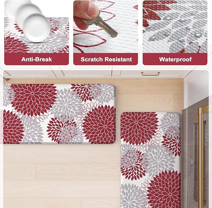 KIMODE Anti Fatigue Kitchen Mat 17.3"x29", Farmhouse Dahlia Padded Kitchen Floor Mats Non Slip, Waterproof Kitchen Mat for Floor, Comfort Standing for Laundry, Office, Sink, Desk Red and Grey